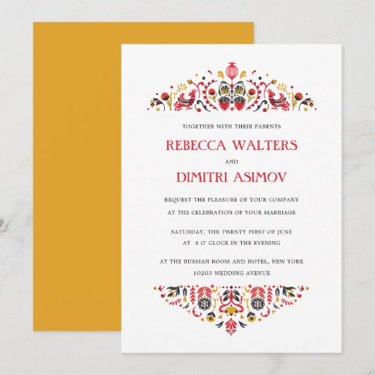 Russisch Folk Art Khokhloma Flower Wedding Invita Kaart (Voorkant / Achterkant)