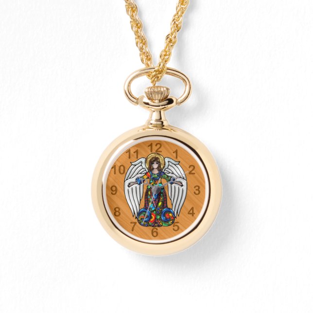 Russisch geëmailleerde engel op kersenhouten achte horloge (Voorkant)