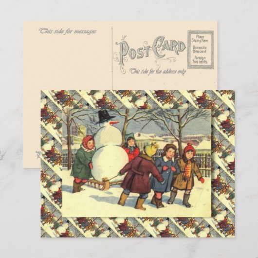  Russisch kerstfeest, sneeuwman en kinderen Feestdagenkaart (Voorkant / Achterkant)