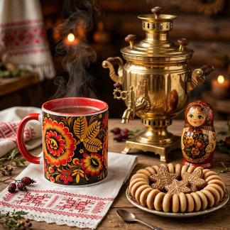 Russisch Khokhloma Pattern Black Red Botanical Mok
