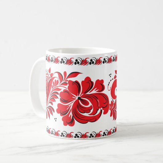 Russisch nationaal patroon mok rood zwart (Voorkant links)