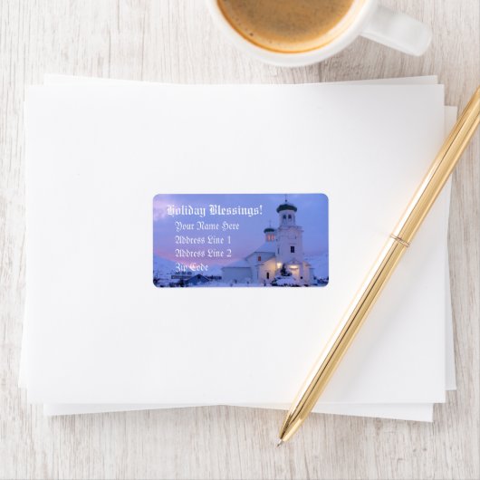 Russisch-orthodoxe kerk met Kerstmis Etiket (Insitu)