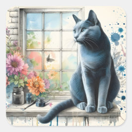 Russische Blauw Grijze Kat In Raam Zomer Bloemen Vierkante Sticker