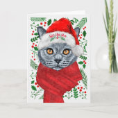 Russische blauwe kat in kerstmis met kerstmis feestdagen kaart (Voorkant)