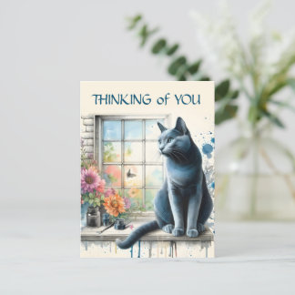 Russische Blauwe Kat In Raam Met Zomerbloemen Briefkaart