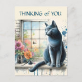 Russische Blauwe Kat In Raam Met Zomerbloemen Briefkaart (Voorkant)