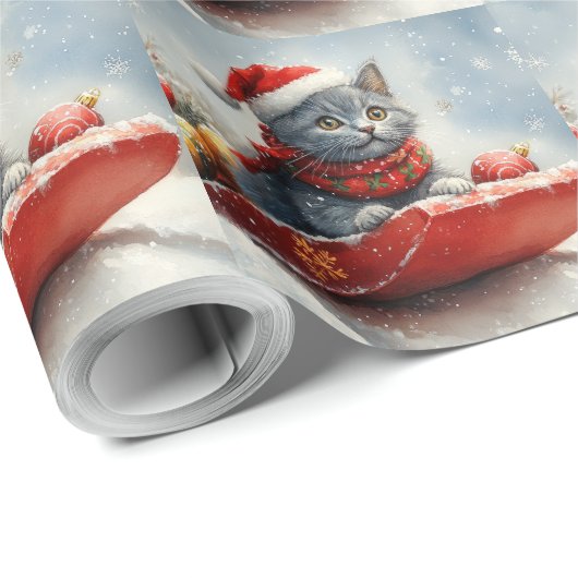Russische Blauwe Kat In Sledge Laat Het Sneeuw Ker Cadeaupapier (Rol Hoek)