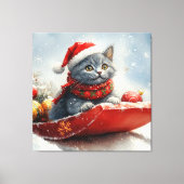 Russische Blauwe Kat In Sledge Laat Het Sneeuw Ker Canvas Afdruk (Voorkant)