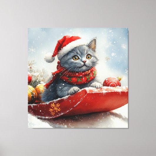 Russische Blauwe Kat In Sledge Laat Het Sneeuw Ker Canvas Afdruk (Voorkant)