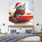 Russische Blauwe Kat In Sledge Laat Het Sneeuw Ker Canvas Afdruk (Insitu (Slaapkamer))