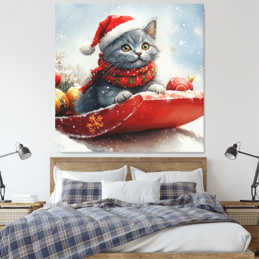 Russische Blauwe Kat In Sledge Laat Het Sneeuw Ker Canvas Afdruk (Insitu (Slaapkamer))