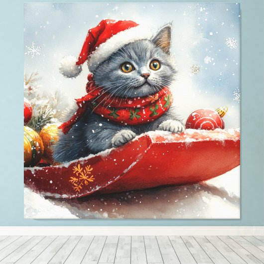 Russische Blauwe Kat In Sledge Laat Het Sneeuw Ker Canvas Afdruk (Insitu (Houten vloer))