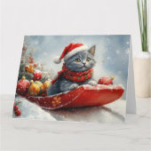 Russische Blauwe Kat In Sledge Laat Het Sneeuw Ker Kaart (Voorkant)