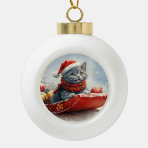 Russische Blauwe Kat In Sledge Laat Het Sneeuw Ker Keramische Bal Ornament