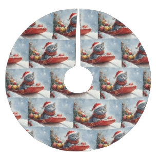 Russische Blauwe Kat In Sledge Laat Het Sneeuw Ker Kerstboom Rok