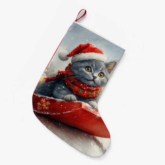 Russische Blauwe Kat In Sledge Laat Het Sneeuw Ker Kleine Kerstsok (Voorkant (Hangend))