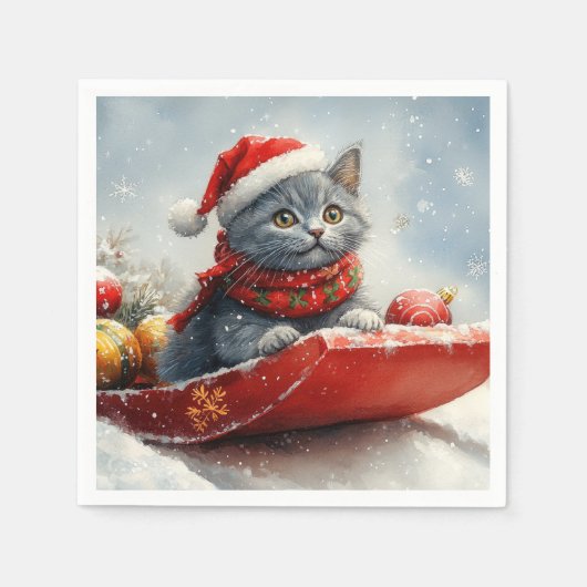 Russische Blauwe Kat In Sledge Laat Het Sneeuw Ker Servet (Voorkant)