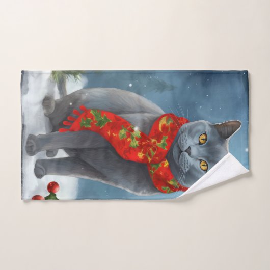 Russische Blauwe Kat in Sneeuw Kerstmis Bad Handdoek (Handdoek)