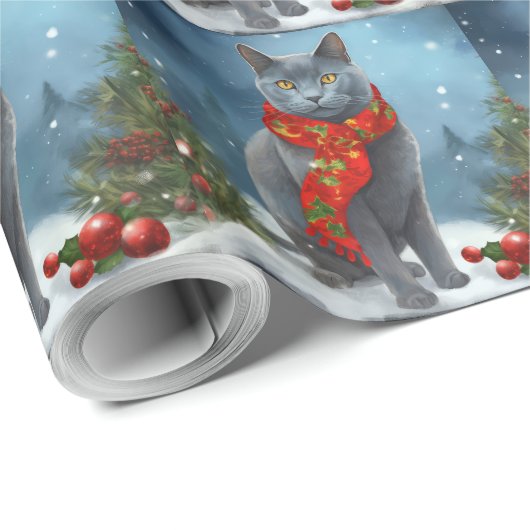 Russische Blauwe Kat in Sneeuw Kerstmis Cadeaupapier (Rol Hoek)