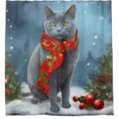 Russische Blauwe Kat in Sneeuw Kerstmis Douchegordijn (Voorkant)