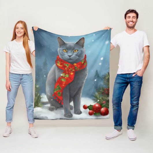 Russische Blauwe Kat in Sneeuw Kerstmis Fleece Deken (In situ)