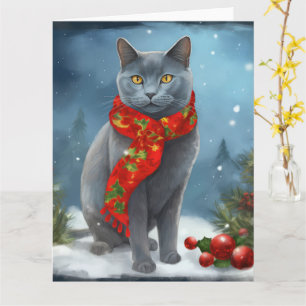 Russische Blauwe Kat in Sneeuw Kerstmis Kaart