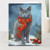 Russische Blauwe Kat in Sneeuw Kerstmis Kaart (Voorkant)