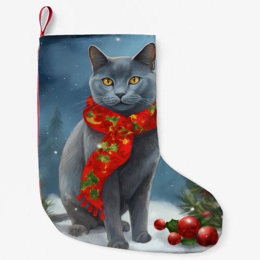 Russische Blauwe Kat in Sneeuw Kerstmis Kleine Kerstsok (Voorkant)