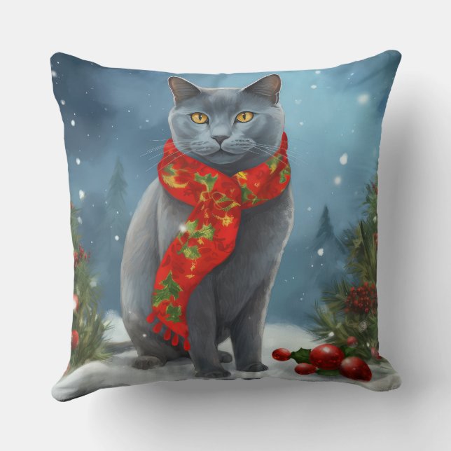 Russische Blauwe Kat in Sneeuw Kerstmis Kussen (Achterkant)