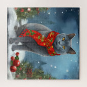 Russische Blauwe Kat in Sneeuw Kerstmis Legpuzzel (Horizontaal)