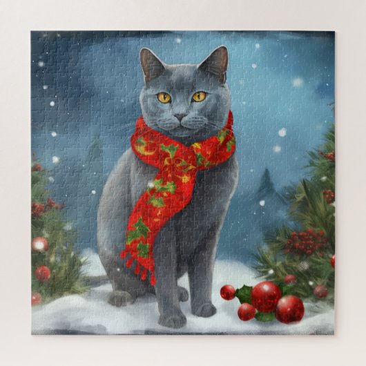 Russische Blauwe Kat in Sneeuw Kerstmis Legpuzzel (Verticaal)