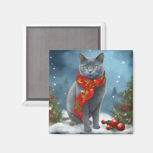 Russische Blauwe Kat in Sneeuw Kerstmis Magneet (Voorkant / Achterkant)