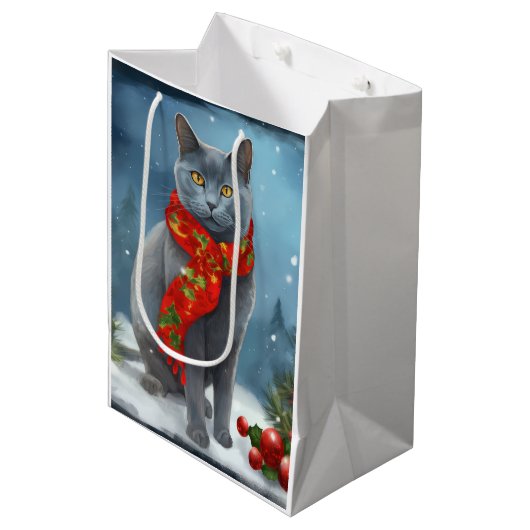 Russische Blauwe Kat in Sneeuw Kerstmis Medium Cadeauzakje (Voorkant Gekanteld)