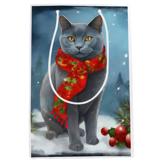 Russische Blauwe Kat in Sneeuw Kerstmis Medium Cadeauzakje (Voorkant)