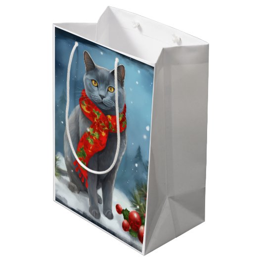 Russische Blauwe Kat in Sneeuw Kerstmis Medium Cadeauzakje (Achterkant Gekanteld)