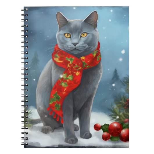 Russische Blauwe Kat in Sneeuw Kerstmis Notitieboek (Voorkant)