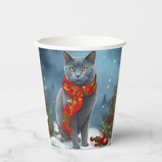 Russische Blauwe Kat in Sneeuw Kerstmis Papieren Bekers (Voorkant)