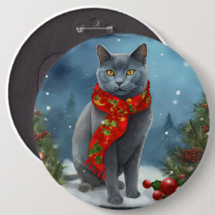 Russische Blauwe Kat in Sneeuw Kerstmis Ronde Button 6,0 Cm