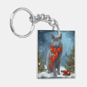 Russische Blauwe Kat in Sneeuw Kerstmis Sleutelhanger (Voorkant Links)