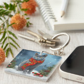 Russische Blauwe Kat in Sneeuw Kerstmis Sleutelhanger (Voorkant Rechts)