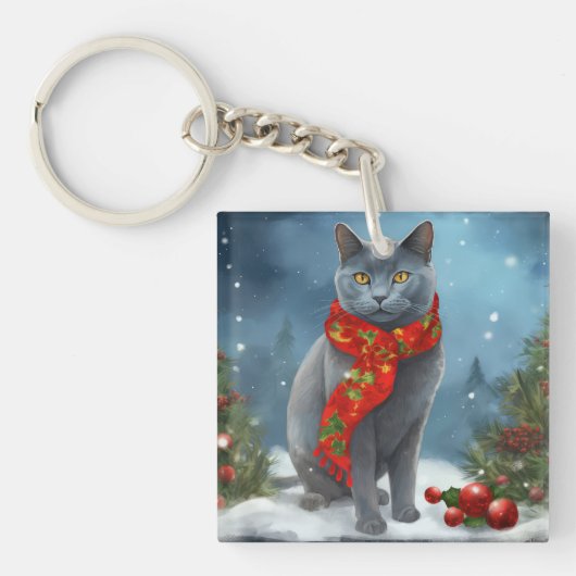Russische Blauwe Kat in Sneeuw Kerstmis Sleutelhanger (Voorkant)