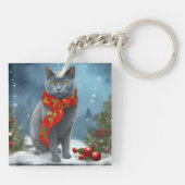 Russische Blauwe Kat in Sneeuw Kerstmis Sleutelhanger (Achterkant)