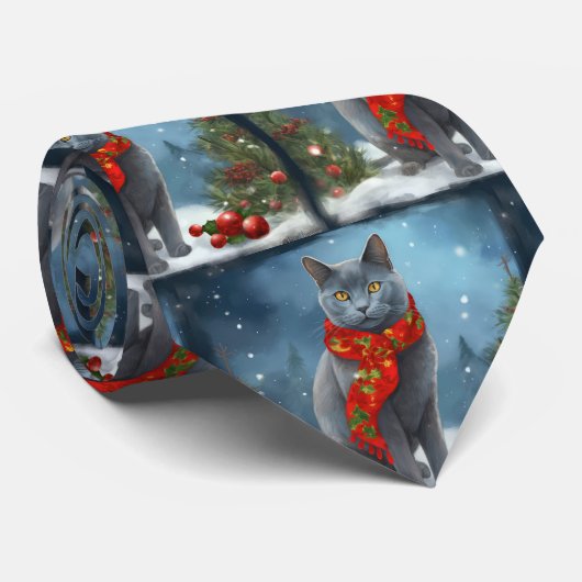 Russische Blauwe Kat in Sneeuw Kerstmis Stropdas (Opgerold)