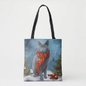 Russische Blauwe Kat in Sneeuw Kerstmis Tote Bag (Voorkant)