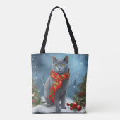 Russische Blauwe Kat in Sneeuw Kerstmis Tote Bag (Achterkant)