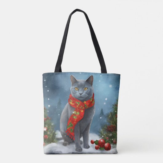 Russische Blauwe Kat in Sneeuw Kerstmis Tote Bag (Achterkant)