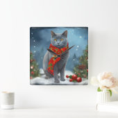 Russische Blauwe Kat in Sneeuw Kerstmis Vierkante Klok (Huis)