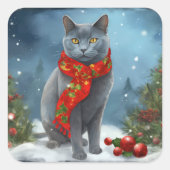 Russische Blauwe Kat in Sneeuw Kerstmis Vierkante Sticker (Voorkant)