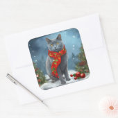 Russische Blauwe Kat in Sneeuw Kerstmis Vierkante Sticker (Envelop)