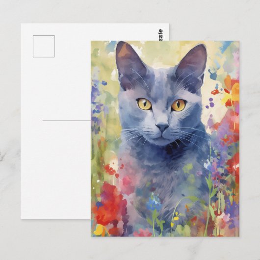 Russische Blauwe Kat kleurrijke bloemen Briefkaart (Voorkant / Achterkant)